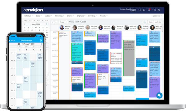 Salon software calendar on laptop and phone app.